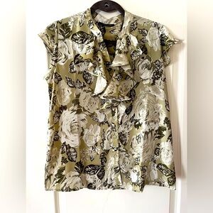 T Tahari Floral Ruffle Blouse - Olive and White Women’s Size Medium